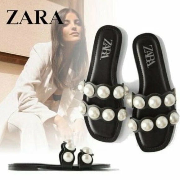 Zara Black Sandals with Pearl Accents Size 39 US 8.5 - Picture 1 of 4